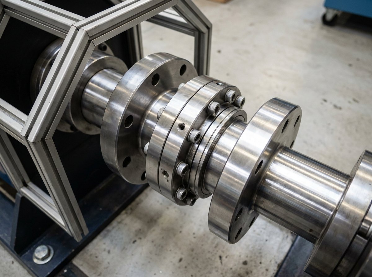 Illustrative image, not a delivered installation — close-up of a precision torque flange in a guarded coupling between two shafts on a test bench, its polished measurement body between bolted flanges, with a speed encoder ring beside it and a safety guard partly visible