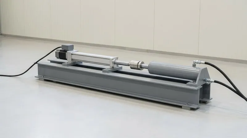 A single electromechanical actuator test bench in a test hall: a slim aluminium linear actuator with a dark grey servo motor, a plain stainless load cell in line, and a larger grey hydraulic load cylinder at the far end of a rigid grey reaction bed, with two black hoses and one black cable, and no people