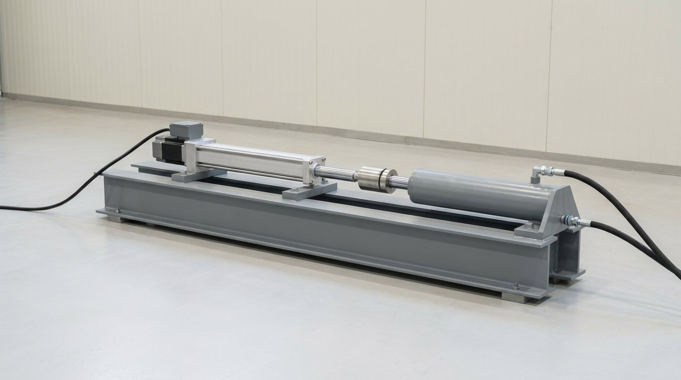 A single electromechanical actuator test bench in a test hall: a slim aluminium linear actuator with a dark grey servo motor, a plain stainless load cell in line, and a larger grey hydraulic load cylinder at the far end of a rigid grey reaction bed, with two black hoses and one black cable, and no people