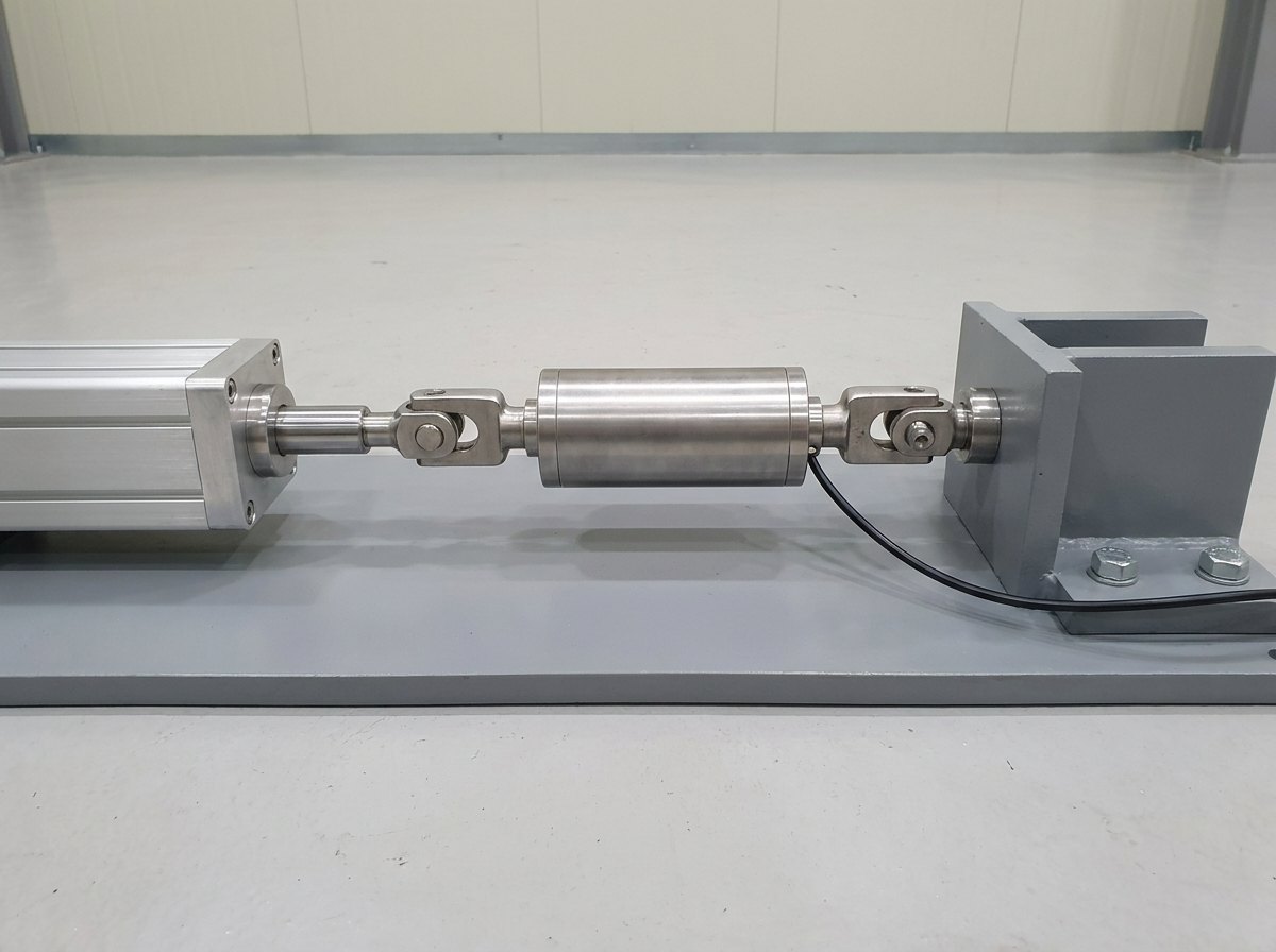 A single test fixture detail on a grey steel base plate: a plain stainless load cell with a clevis eye at each end, pinned between the polished rod end of a linear actuator and a rigid grey steel fixture block, with one thin black cable, and no people