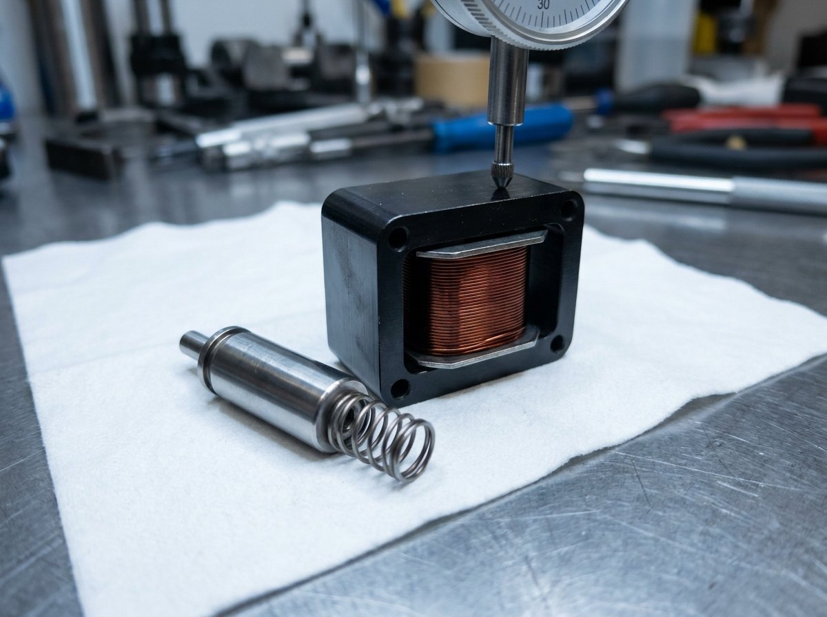 Representative render — an electromagnet coil sub-assembly under inspection: a wound copper coil on a steel bobbin seated in a machined black steel casing, with a polished armature and spring on a lint-free cloth beside it and a dial indicator above