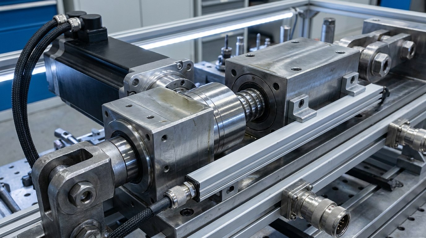 Representative render — a heavy industrial electro-mechanical linear actuator: a servo motor driving a roller screw through a planetary gearhead in a machined steel housing, with a linear position sensor along the side, bolted clevis end mounting and industrial cable connectors