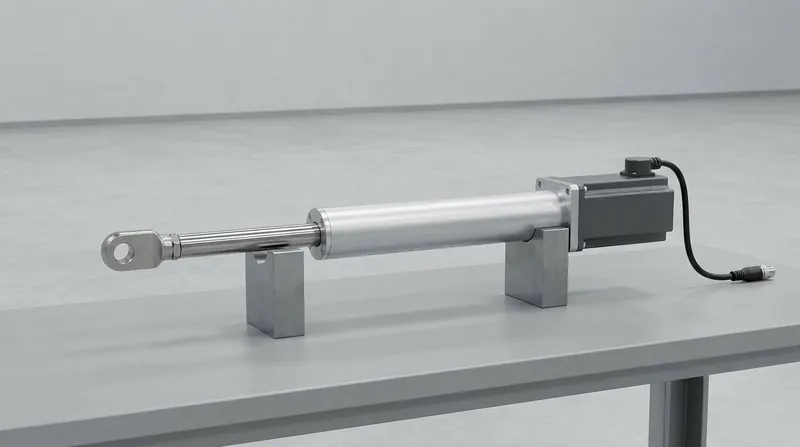 A single electromechanical linear actuator lying on two grey support blocks on a test bench: a slim brushed aluminium body, a polished stainless rod ending in a plain clevis eye, and a compact dark grey servo motor with an encoder cap bolted in line at the other end with one black cable and connector, and no people