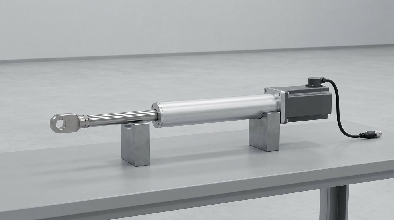 A single electromechanical linear actuator lying on two grey support blocks on a test bench: a slim brushed aluminium body, a polished stainless rod ending in a plain clevis eye, and a compact dark grey servo motor with an encoder cap bolted in line at the other end with one black cable and connector, and no people