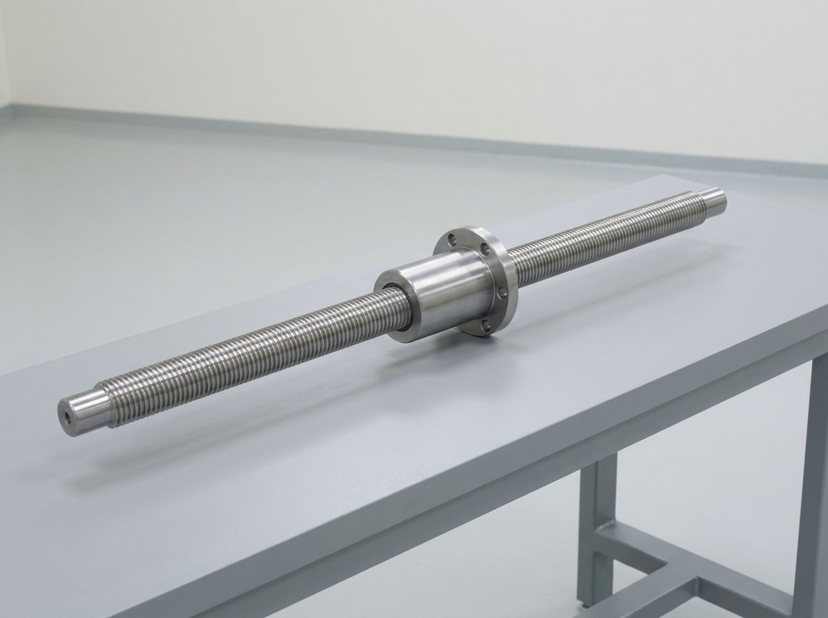 A single long ground steel screw shaft with a fine continuous thread and one cylindrical steel nut with a round flange and four bolt holes part way along it, resting on a grey bench, and no people