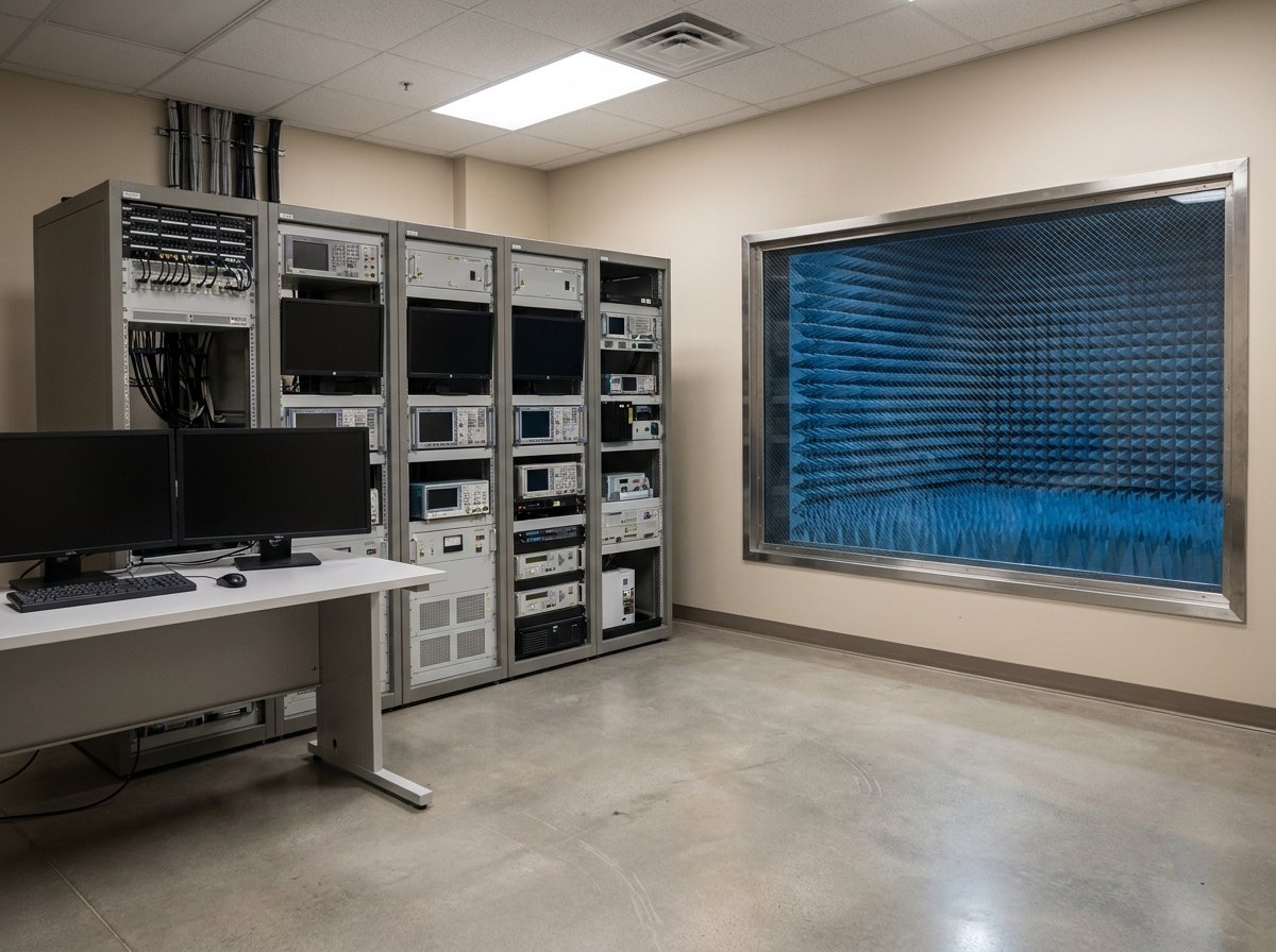 Illustrative image, not a delivered installation — an EMC laboratory control room: racks of test instruments with dark blank screens and panels, an operator desk, and a shielded observation window with a fine conductive mesh looking into the absorber-lined chamber beyond
