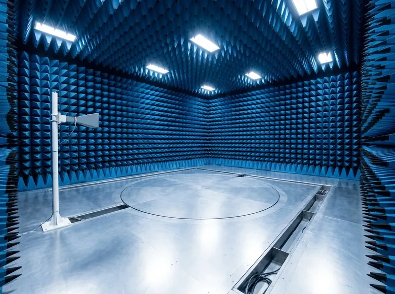 Illustrative image, not a delivered installation — the interior of a large semi-anechoic EMC chamber: walls and ceiling fully lined with deep blue pyramidal absorbers over ferrite tile, a bright steel ground-plane floor with a large flush vehicle turntable, and an antenna mast standing at the measurement position