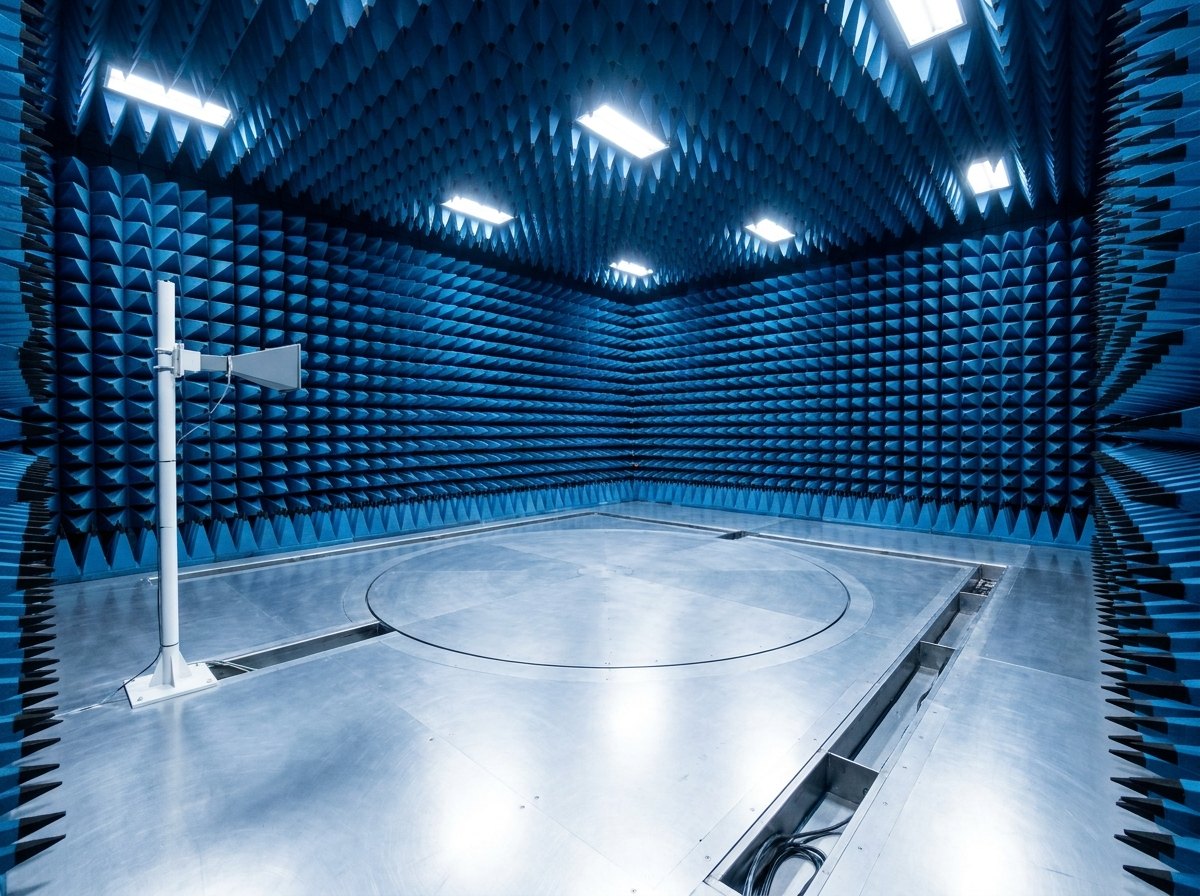 Illustrative image, not a delivered installation — the interior of a large semi-anechoic EMC chamber: walls and ceiling fully lined with deep blue pyramidal absorbers over ferrite tile, a bright steel ground-plane floor with a large flush vehicle turntable, and an antenna mast standing at the measurement position