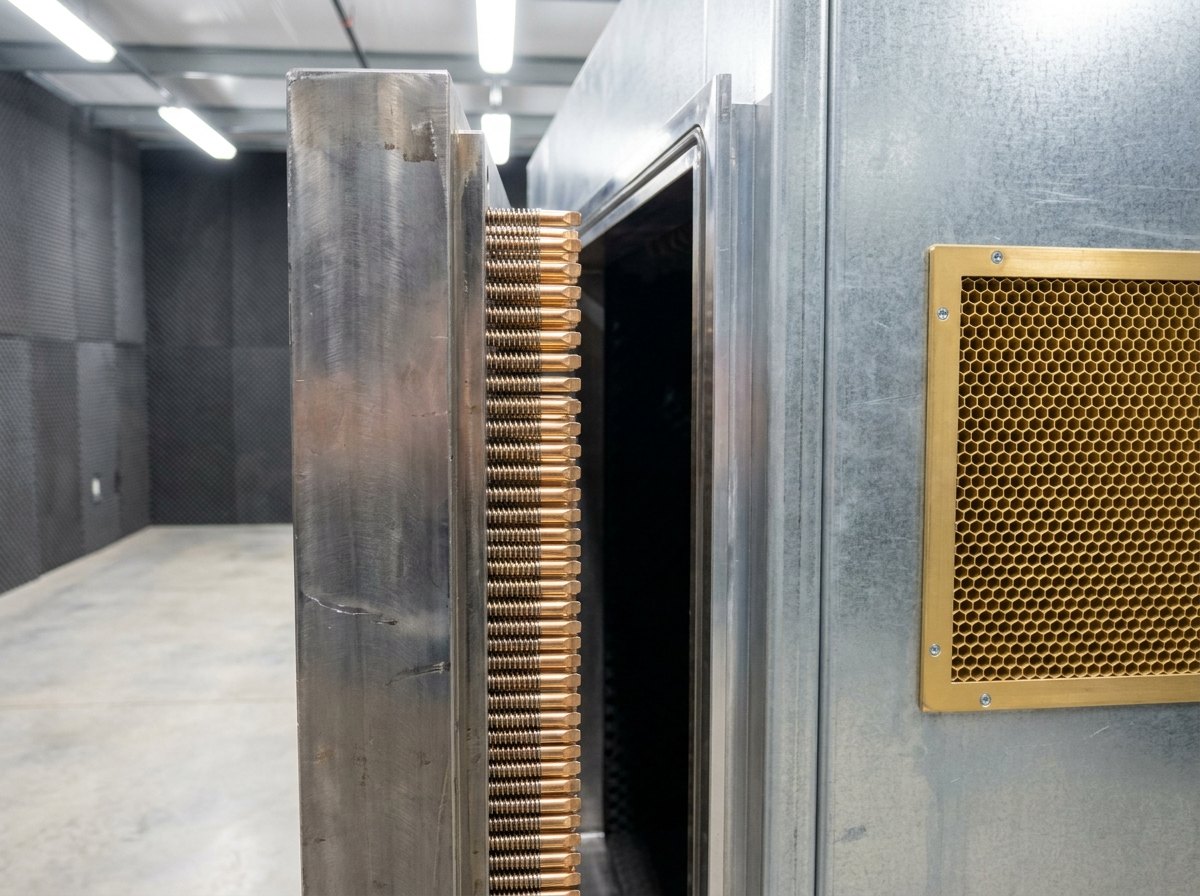 Illustrative image, not a delivered installation — close-up of an RF-shielded chamber door edge: a heavy steel door leaf with rows of beryllium-copper finger-stock contacts along a machined knife-edge frame, beside a wall panel carrying a golden honeycomb waveguide air vent