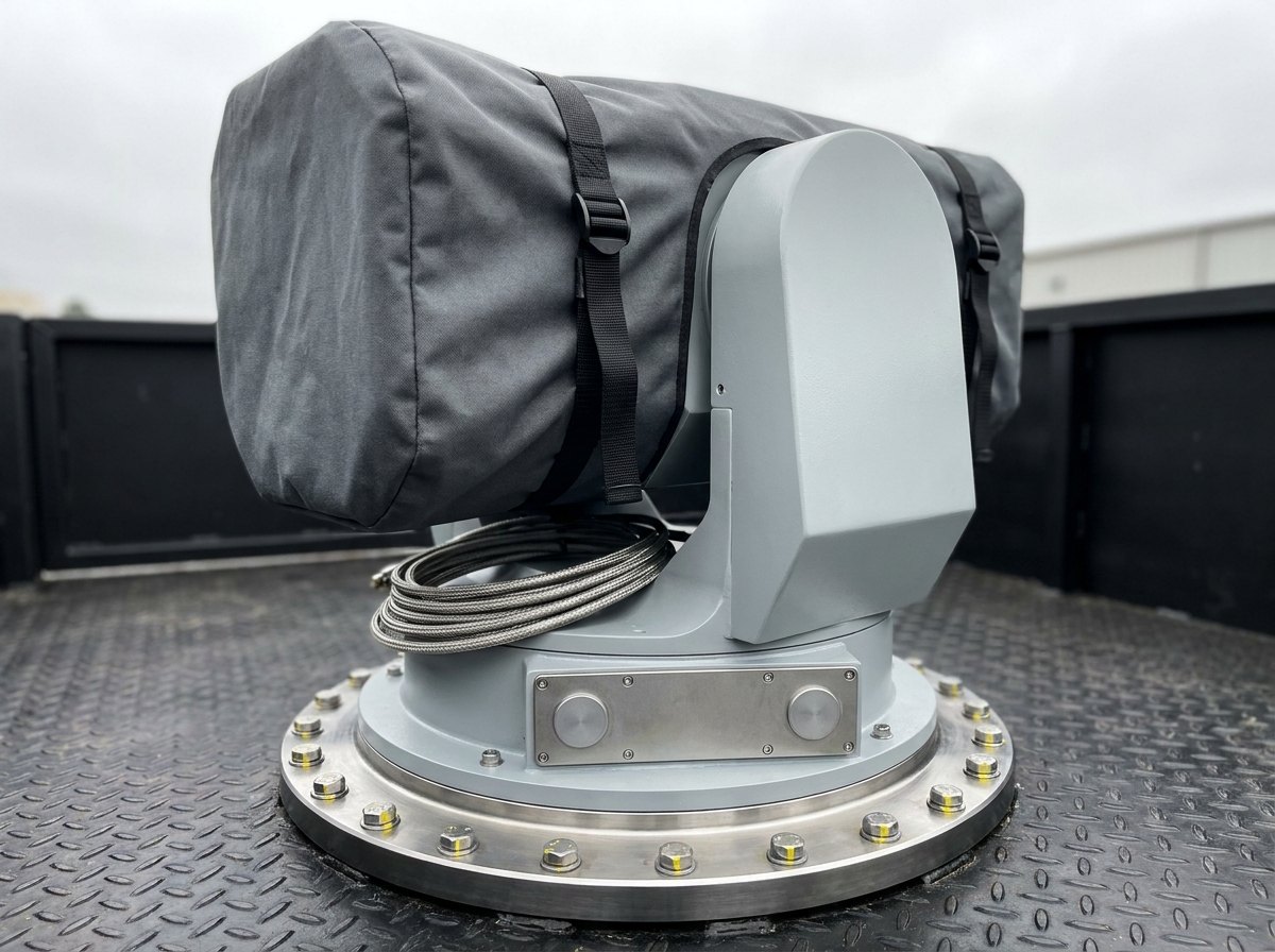 Representative render — shrouded optical payload on a two-axis gimbal pedestal, machined mounting interface ring, cable service loop and blank connector panel on a platform deck