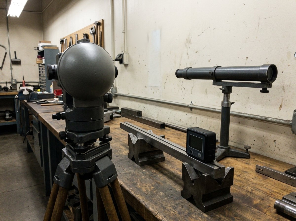 Illustrative image, not a delivered system — optical alignment equipment on a heavy workshop bench: a precision surveying theodolite on a sturdy tripod facing a long tubular collimator on an adjustable stand about two metres away, with a straight machined metal bar on vee-blocks and a small digital inclinometer with a blank display laid on the bench between them, matt black and bare-metal finishes, no people and no text