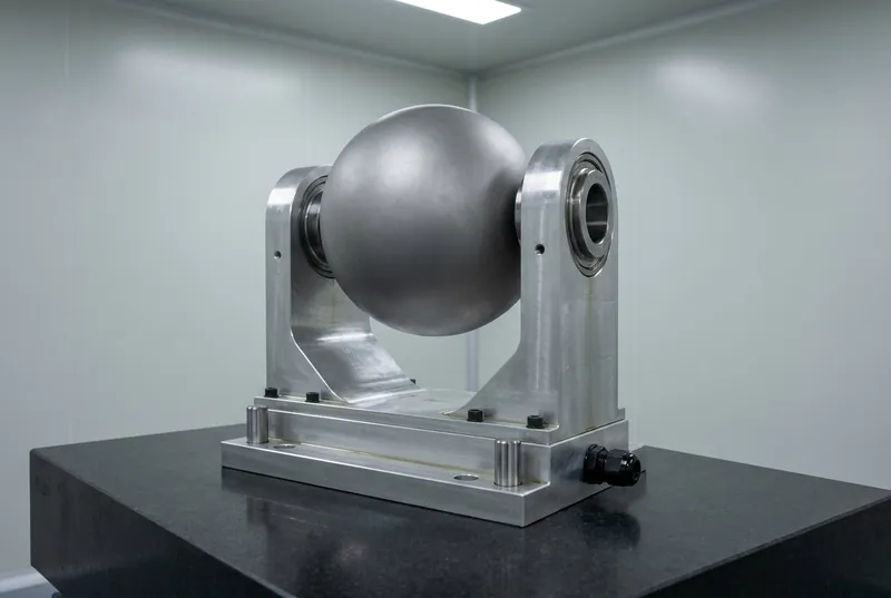 Illustrative image, not a delivered system — a precision machined payload mount assembly on a black granite surface plate in a metrology room: a stout anodised aluminium yoke with two large bearing housings cradling a plain featureless matt-grey sphere with no openings, bolted to a machined base plate showing ground datum pads and polished dowel bushes, a sealed cable gland at the rear, pale grey walls, no people and no text