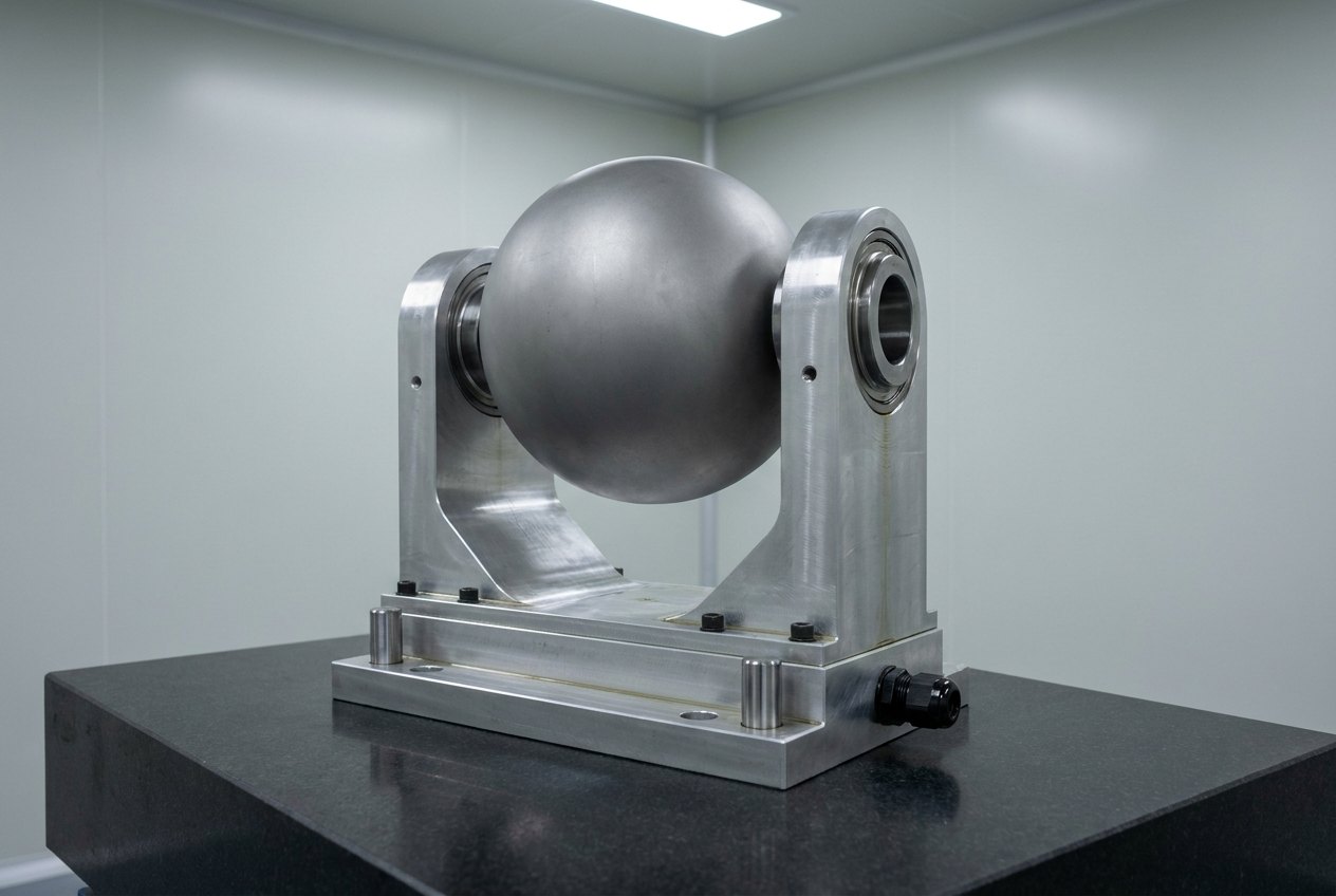Illustrative image, not a delivered system — a precision machined payload mount assembly on a black granite surface plate in a metrology room: a stout anodised aluminium yoke with two large bearing housings cradling a plain featureless matt-grey sphere with no openings, bolted to a machined base plate showing ground datum pads and polished dowel bushes, a sealed cable gland at the rear, pale grey walls, no people and no text