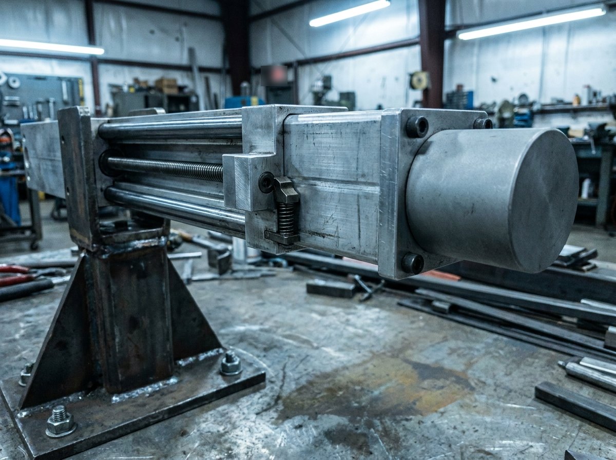 Illustrative image, not a delivered system — a retractable deployment mechanism on a steel test stand: a machined telescoping aluminium arm halfway extended with its precision lead screw and two hardened guide rails exposed along the side, a stepped limit stop and a small spring-loaded locking pawl at the joint, a plain grey cylindrical mass dummy bolted to the free end, clamped to a welded steel frame on a concrete floor, no people and no text