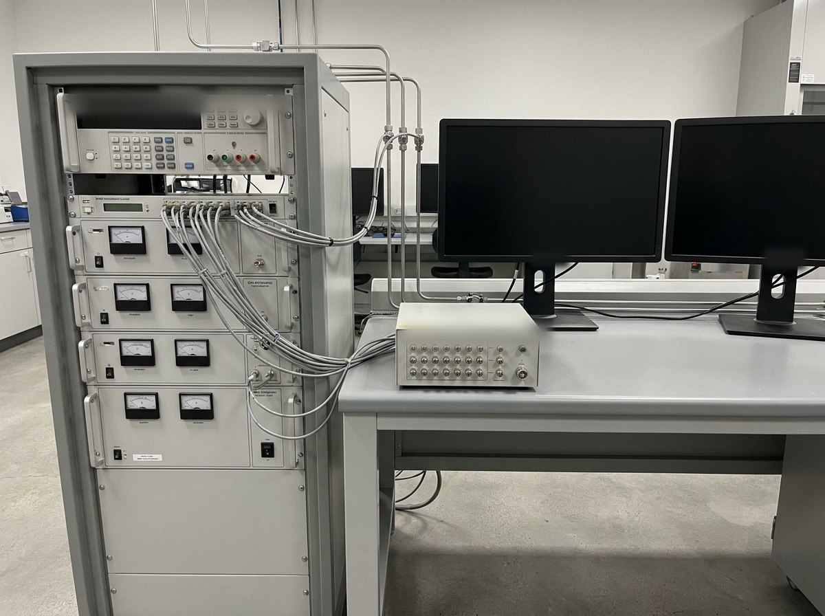Illustrative image, not a delivered installation — the control and measurement side of an electrolyser test station: a grey instrument cabinet holding a programmable DC power unit, a rack of gas-analyser modules and a benchtop electrochemical workstation, with two monitors on a desk showing plain dark screens, in a clean lab