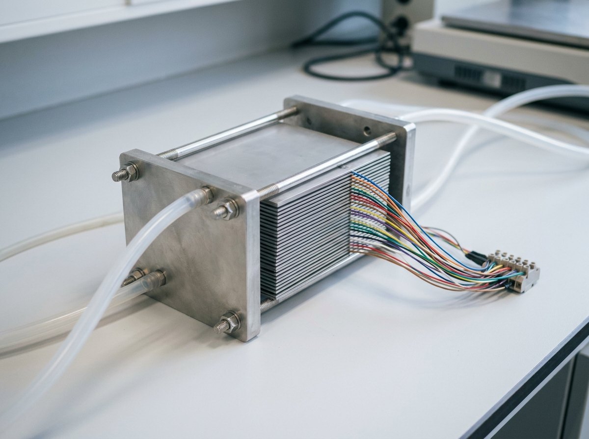 Illustrative image, not a delivered installation — an electrolyser stack under test on a bench: a clamped rectangular column of many thin cells held between two end plates on tie-rods, with water and gas ports connected by tubing and a fan of fine voltage-sense wires led out to a monitoring block, no text and no people