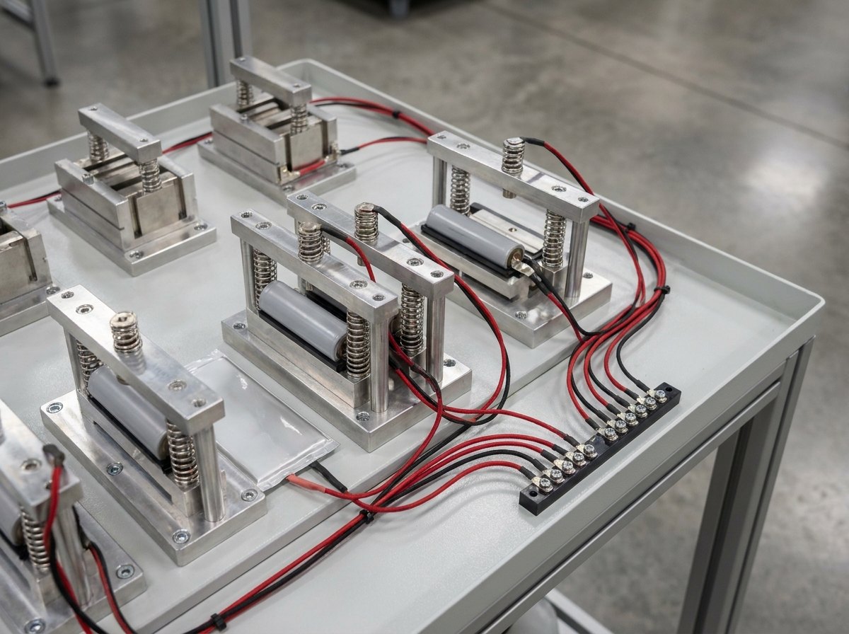 Illustrative image, not a delivered installation — close-up of a cell test station: cylindrical and pouch lithium cells in spring-loaded four-wire test fixtures on a bench tray, with pairs of red and black sense and current leads dressed neatly to a connector panel