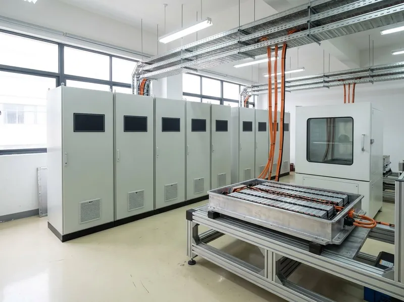 Illustrative image, not a delivered installation — a battery test laboratory: a row of tall grey cycler cabinets with cable trays overhead, thick orange high-voltage cables dropping to a battery pack on a test bench, and a reach-in environmental chamber beside the bench