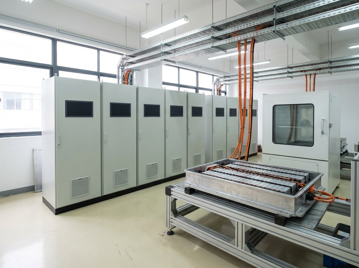 Illustrative image, not a delivered installation — a battery test laboratory: a row of tall grey cycler cabinets with cable trays overhead, thick orange high-voltage cables dropping to a battery pack on a test bench, and a reach-in environmental chamber beside the bench