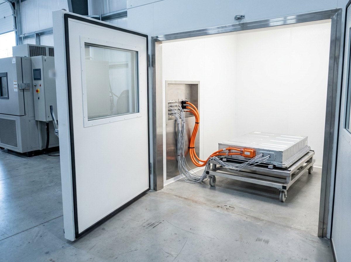 Illustrative image, not a delivered installation — a battery pack on a wheeled test trolley inside a walk-in environmental chamber, connected by thick orange high-voltage cables and a sense-wire loom to a bulkhead panel, with the chamber door open and cycler cabinets visible outside