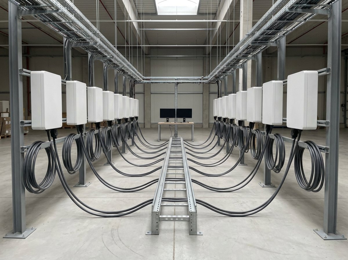 Illustrative image, not a delivered installation — a charger ageing bank: two facing rows of identical AC wallbox chargers mounted on steel frames, each connected by its cable to a shared load rack in the aisle, with tidy overhead cable trays and a small monitoring desk at the end of the row