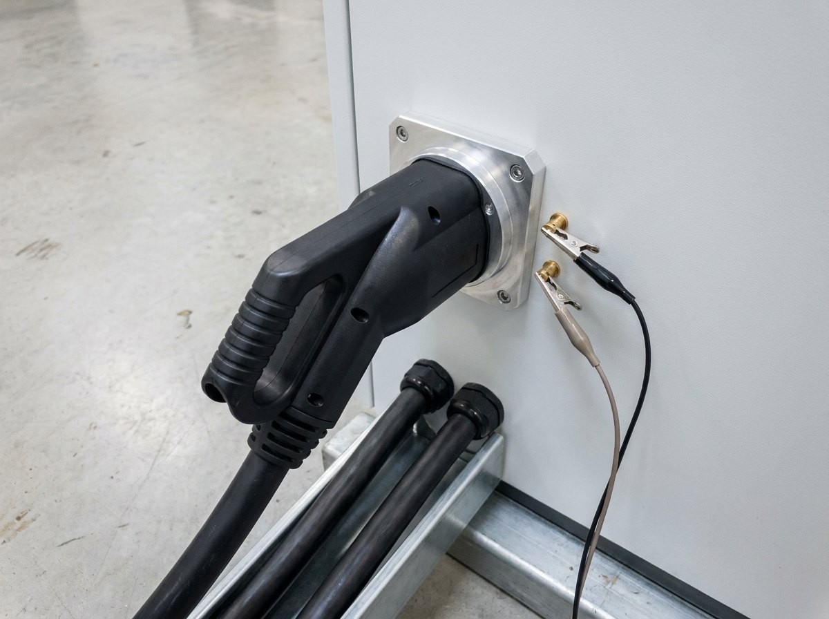 Illustrative image, not a delivered installation — close-up of a CCS2 charging connector seated in a test receptacle on an instrumented panel, with heavy DC cables strain-relieved into trunking and a pair of measurement probes clipped to test points beside the receptacle