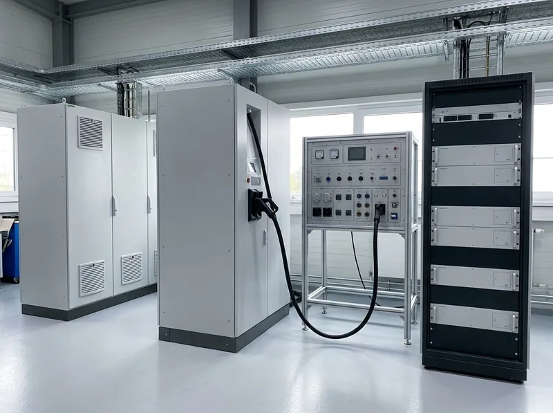 Illustrative image, not a delivered installation — an EV charger test laboratory: a DC fast-charger cabinet under test with its CCS cable plugged into a test receptacle panel, flanked by a grey grid-simulator cabinet and an emulator rack, with an engineer's bench of dark instruments in the foreground