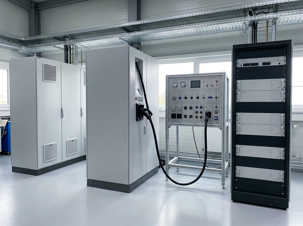 Illustrative image, not a delivered installation — an EV charger test laboratory: a DC fast-charger cabinet under test with its CCS cable plugged into a test receptacle panel, flanked by a grey grid-simulator cabinet and an emulator rack, with an engineer's bench of dark instruments in the foreground