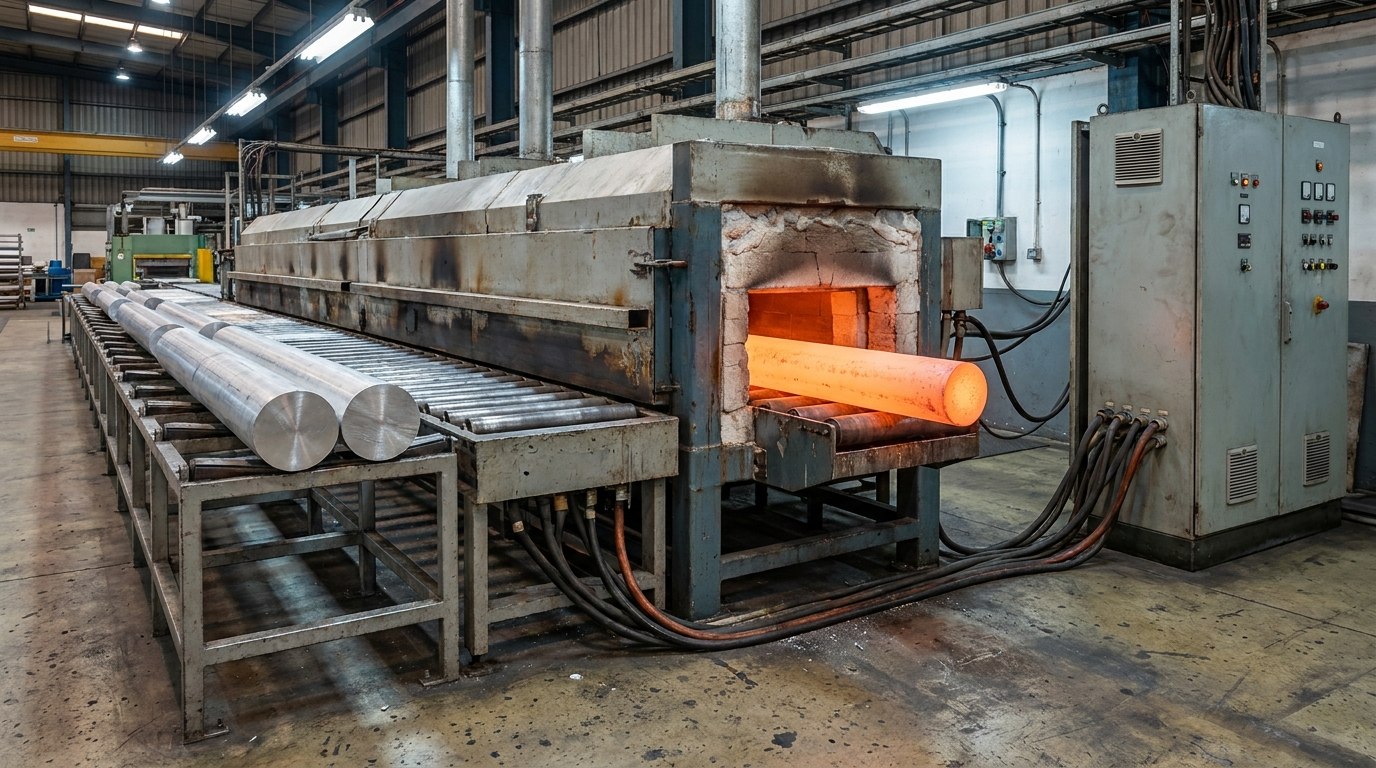 Illustrative render — a billet pre-heating furnace on an extrusion line: a long insulated heater with a roller conveyor, a billet glowing orange at the exit, a rack of unheated aluminium billets alongside, heavy power cabling and a control cabinet