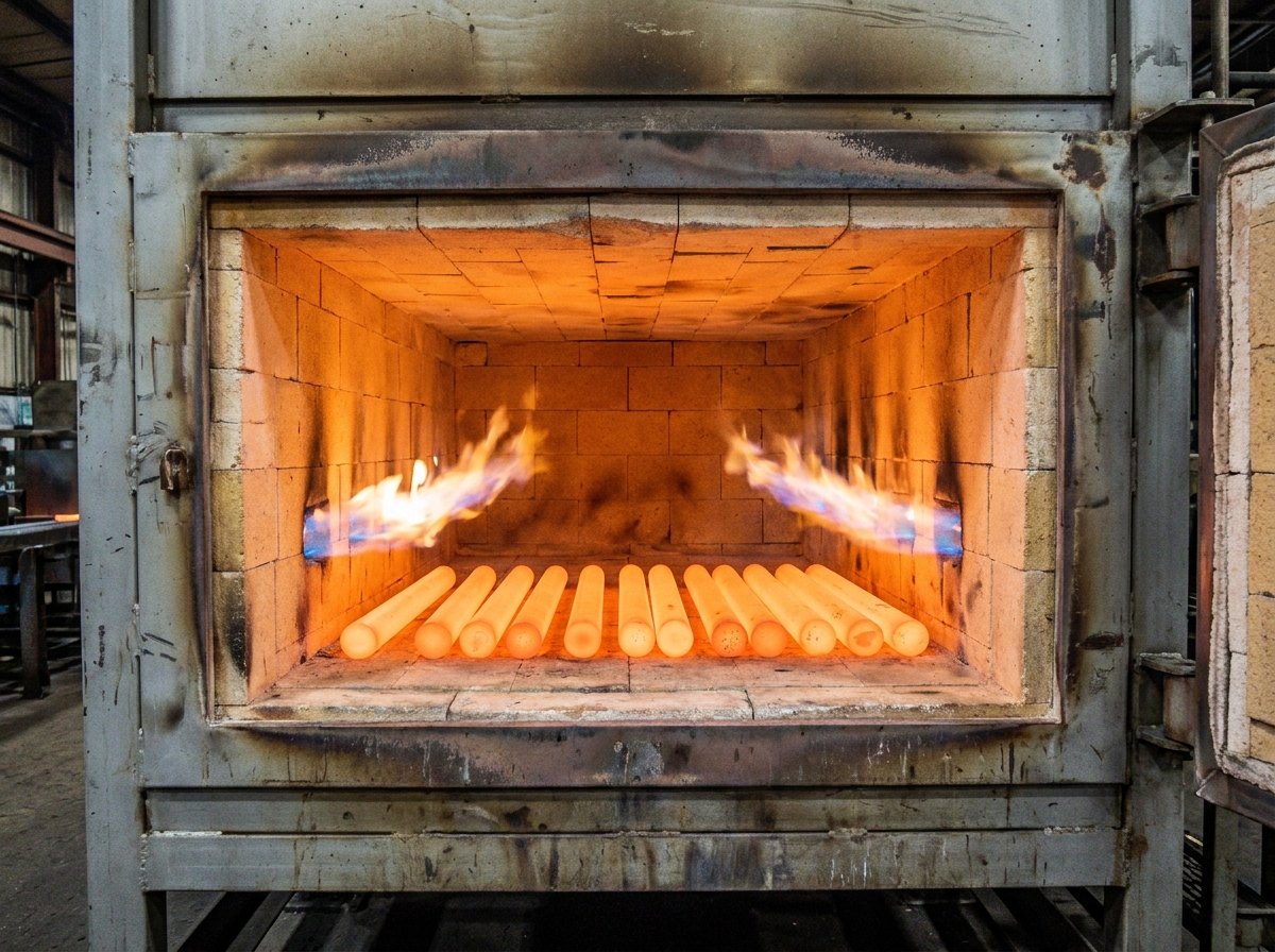 Illustrative image, not a delivered installation — the interior of a fired furnace: a refractory-lined chamber glowing orange-yellow, gas burner flames entering from the side walls, and several plain cylindrical steel billets resting on the hearth heated to a uniform glow