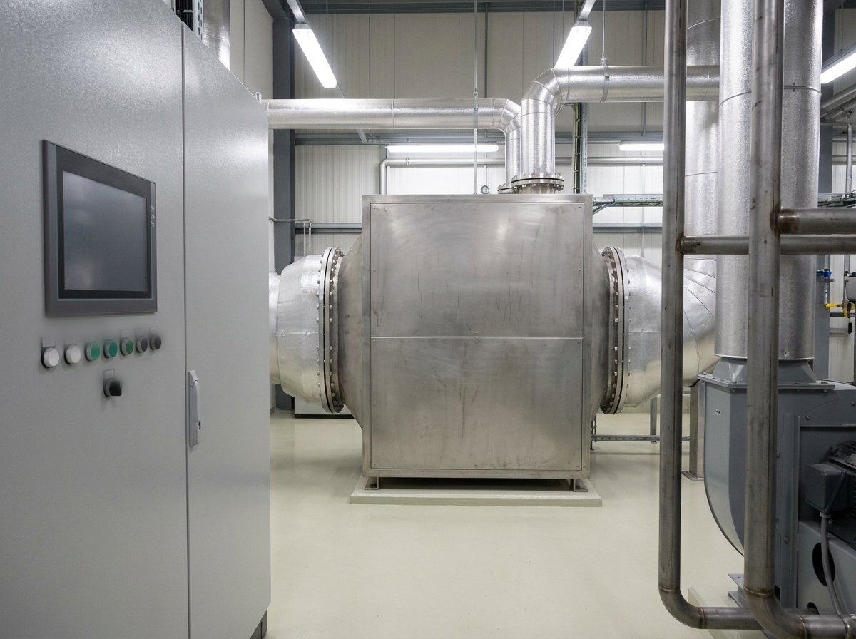 Illustrative image, not a delivered installation — the service side of a fired furnace: a grey electrical control cabinet with a blank operator screen, a metal recuperator housing with large combustion-air and flue ducts, and a burner train of pipework and valves along the furnace wall in a clean plant