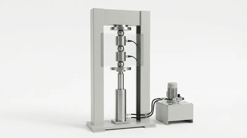 A force calibration machine on a plain white studio background: a pale grey steel loading frame with a flat base plate, two square columns and a crosshead, a bright steel hydraulic cylinder at the centre of the base pushing a ram up to a round lower platen, above it a stack of two plain cylindrical stainless force transducers joined by ball-shaped spherical seats to a round upper platen under the crosshead, a clear guard panel in front of the stack, and a small pale grey hydraulic power unit with a motor and a valve block joined to the cylinder by two black hoses, and no people