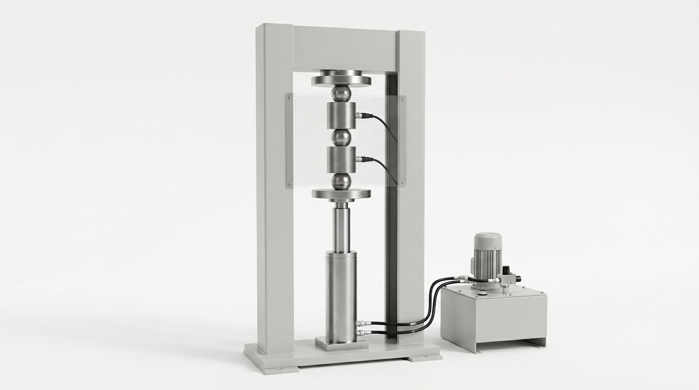A force calibration machine on a plain white studio background: a pale grey steel loading frame with a flat base plate, two square columns and a crosshead, a bright steel hydraulic cylinder at the centre of the base pushing a ram up to a round lower platen, above it a stack of two plain cylindrical stainless force transducers joined by ball-shaped spherical seats to a round upper platen under the crosshead, a clear guard panel in front of the stack, and a small pale grey hydraulic power unit with a motor and a valve block joined to the cylinder by two black hoses, and no people