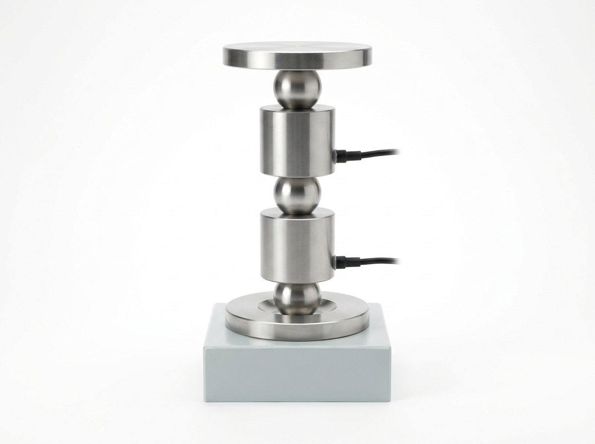 A force calibration load train on a plain white studio background: from the bottom up a round stainless lower platen with a shallow central seat on a small pale grey base block, a ball-shaped spherical seat, a plain cylindrical stainless force transducer with a short black cable, a second spherical seat, a second cylindrical force transducer with its own cable, a third spherical seat and a round upper platen, all on one vertical line, and no people