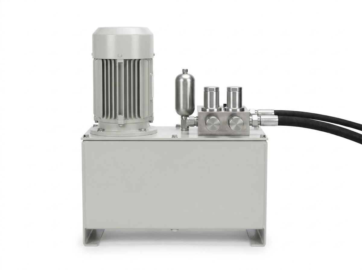 A hydraulic power unit on a plain white studio background: a flat pale grey steel reservoir box on short feet with a vertical electric motor on top at one end, a small stainless valve block with plain smooth valve bodies at the other end, a small accumulator beside it, and two thick black hoses with bright fittings leaving to the right, and no people