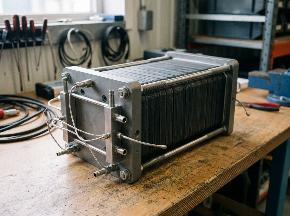 Illustrative image, not a delivered installation — a fuel-cell stack, a rectangular block of many thin stacked cell plates with end plates, tie-rods and gas manifolds, on a bench, matte and unmarked, no text and no people