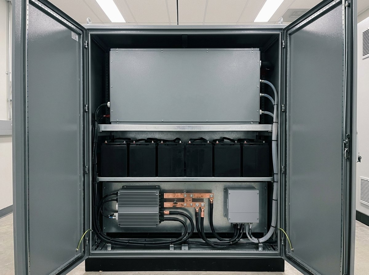 Illustrative image, not a delivered installation — an open rugged power cabinet showing a fuel-cell module, a battery bank of rectangular modules, and a power-electronics inverter section with busbars and a controller, neat cabling, matte and unmarked, no text and no people