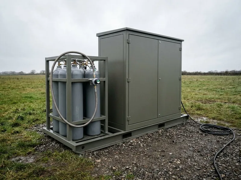 Illustrative image, not a delivered installation — a rugged weatherproof fuel-cell hybrid power cabinet with louvred vents and a bank of grey hydrogen cylinders alongside, on hardstanding in an open field setting, matte and unmarked, no text and no people