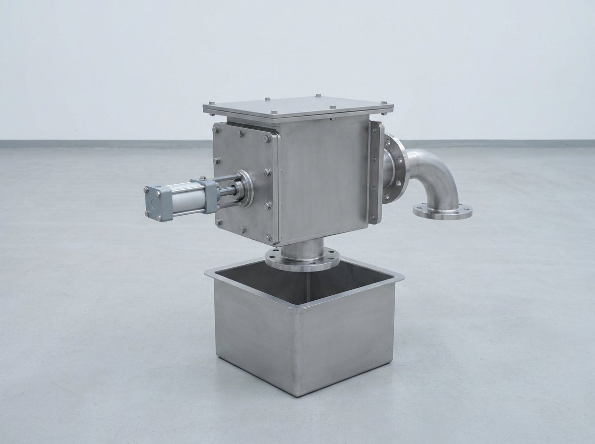 A single two-way diverter valve in an enclosed bolted stainless housing with a small cylinder actuator on its side, one outlet pointing down into the open top of a square stainless weighing tank and a second outlet turning away into a return pipe, and no people