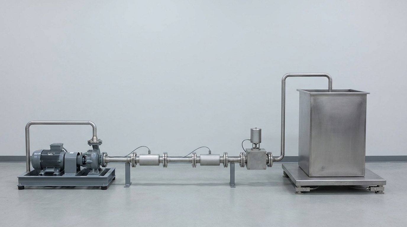 A flow calibration rig on a laboratory floor: a pump skid on the left, a straight pipe run with two plain cylindrical flow meters and a diverter box in the middle, and a square stainless weighing tank on a load-cell platform on the right, joined by stainless pipes, and no people