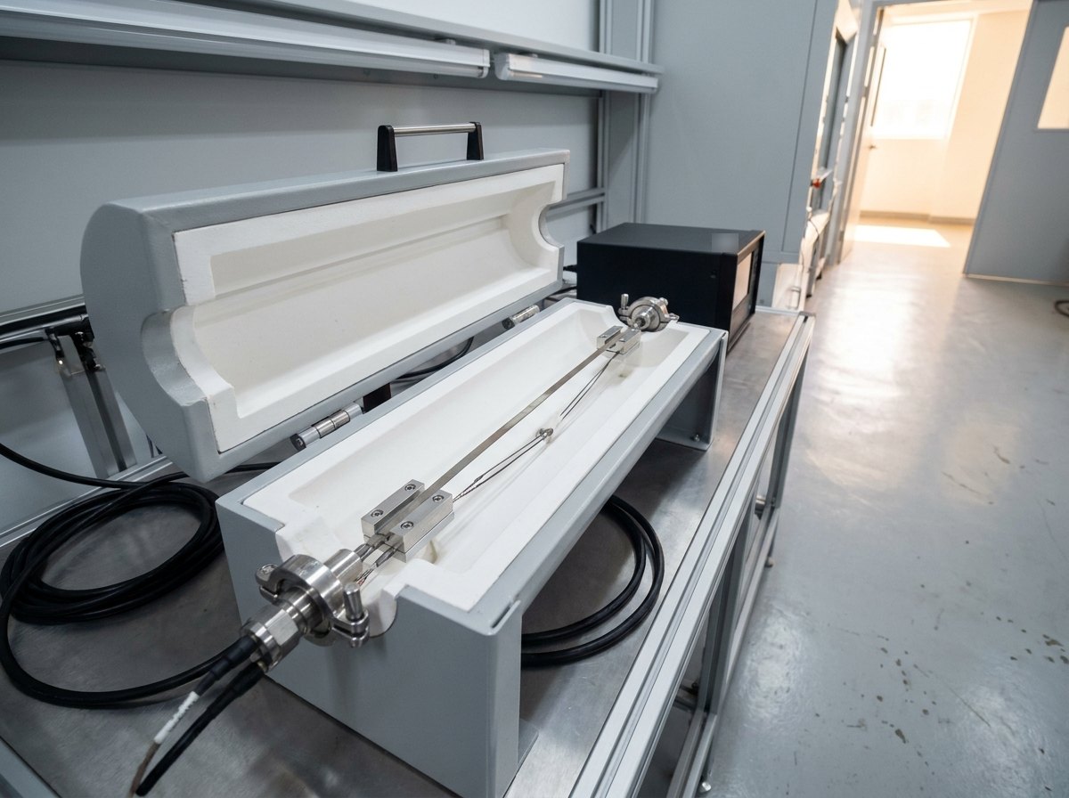 Illustrative of the class — close view of an open split tube furnace on a laboratory bench: two white ceramic half-shells hinged apart with a very thin metal sensing element clamped straight along the axis on small bright machined guides, two fine thermocouple wires laid beside the element, polished clamp fittings at both ends, a small instrument box behind with its face turned away, fresh grey paint and white ceramic under soft even light, no people and no readable markings
