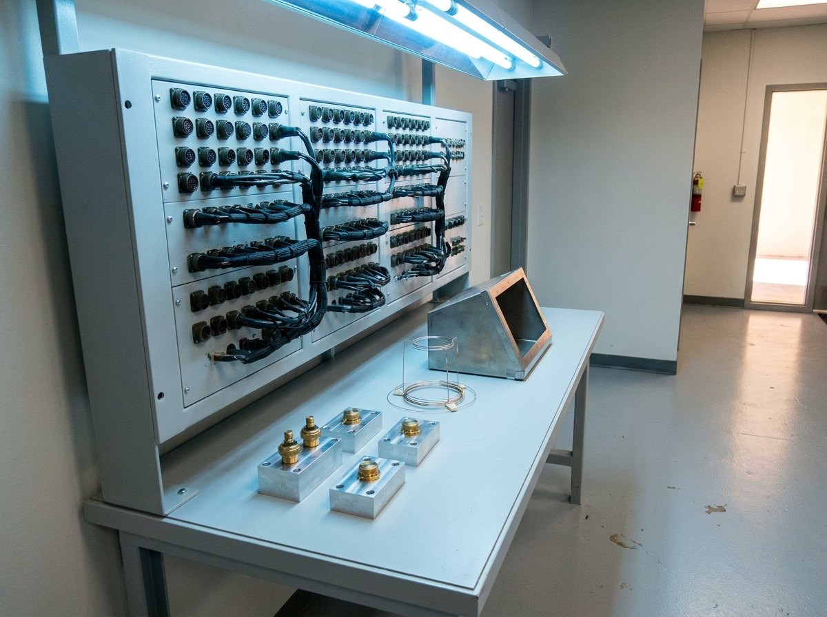 Illustrative of the class — an avionics test station in a clean laboratory: a rack panel in fresh light-grey paint carrying rows of circular military-style connectors with dark laced looms dressed into cable combs, several small brass thermal-switch detectors seated in bright machined aluminium test blocks on the bench, a compact test box with its face angled away, a neat coil of thin sensing element on a stand, cool overhead laboratory light, no people and no readable markings
