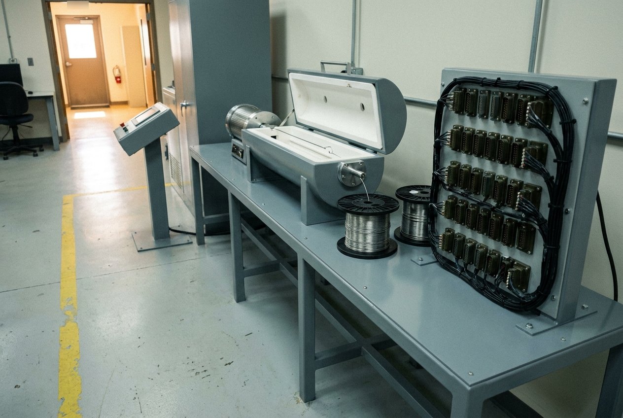 Illustrative of the class — a fire-detection-system test rig in a clean avionics laboratory: a long steel bench console in fresh machine-grey paint carrying a horizontal tubular calibrated furnace with its clamshell lid ajar and a thin metal sensing element passing through its white ceramic bore, cradle spools of coiled thin stainless sensing element beside it, a vertical patch panel of circular military-style connectors with neatly laced dark looms, a small control pedestal angled away, clean light floor with a yellow line, no people and no readable markings