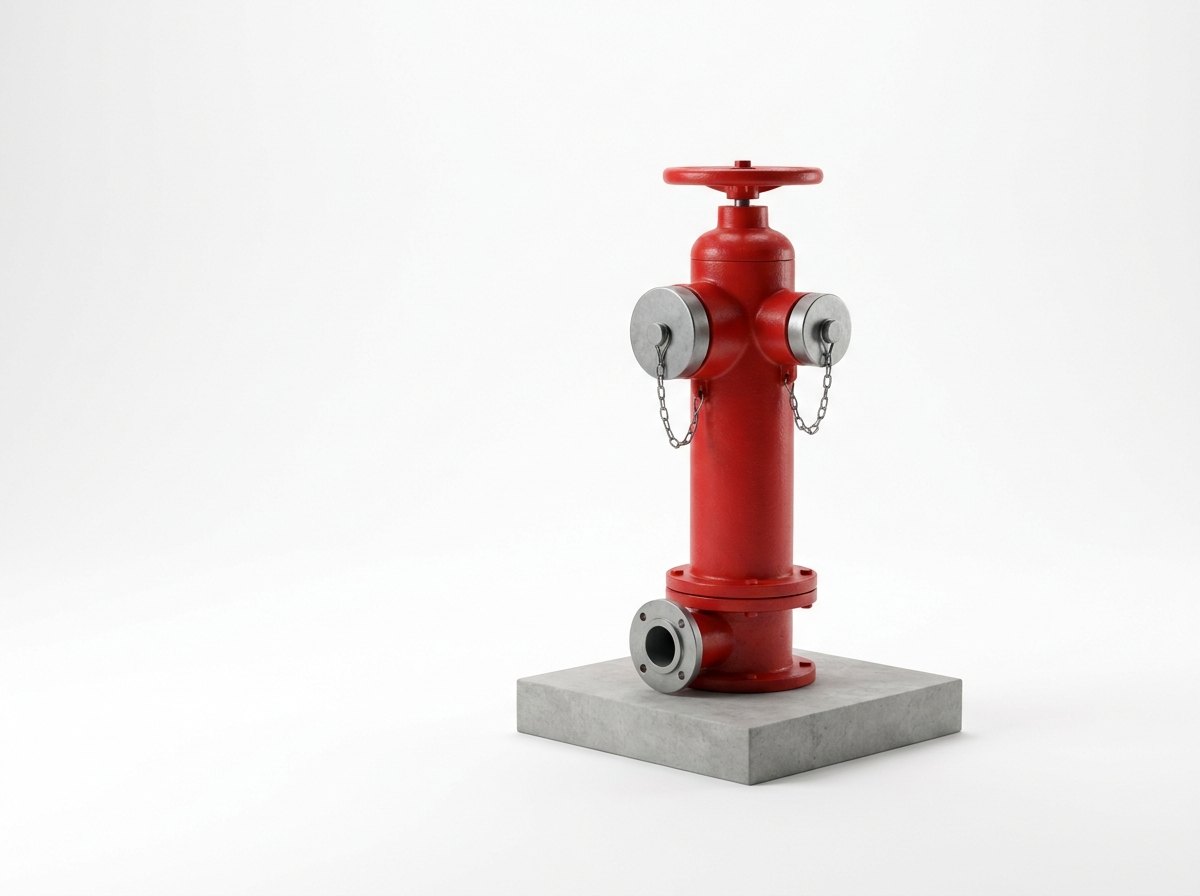A single red painted pillar-type fire hydrant standing upright on a short flat concrete plinth on a plain white studio background, with a round hand wheel on top, two round outlet valves on its sides closed with steel blanking caps on short chains, and a short flanged steel pipe stub joined to the base of the pillar, and no people