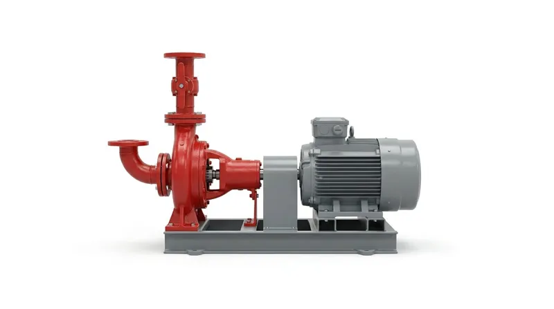 A single fire pump set on a plain white studio background: a horizontal centrifugal pump with a smooth red painted casing coupled through a guarded shaft coupling to a grey painted electric motor, both bolted to one welded grey steel base frame, with a short vertical riser pipe and a butterfly valve with a lever handle rising from the pump discharge and a suction pipe with a flanged elbow entering the other end of the casing, and no people