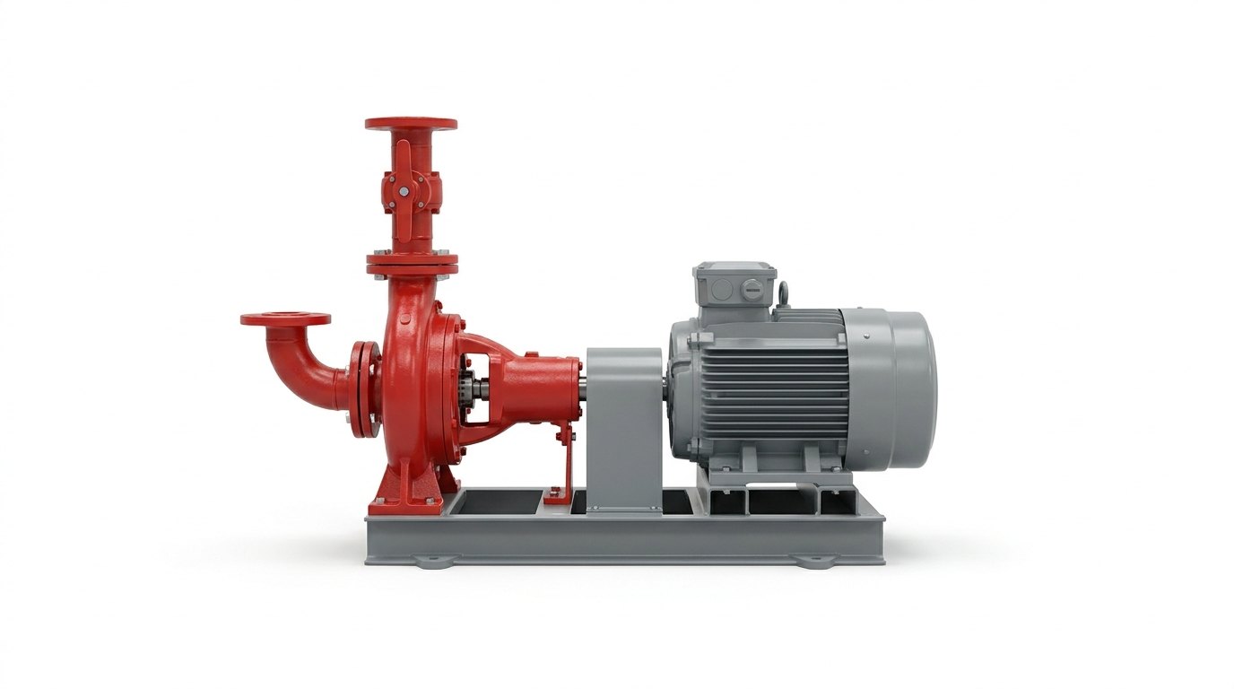 A single fire pump set on a plain white studio background: a horizontal centrifugal pump with a smooth red painted casing coupled through a guarded shaft coupling to a grey painted electric motor, both bolted to one welded grey steel base frame, with a short vertical riser pipe and a butterfly valve with a lever handle rising from the pump discharge and a suction pipe with a flanged elbow entering the other end of the casing, and no people