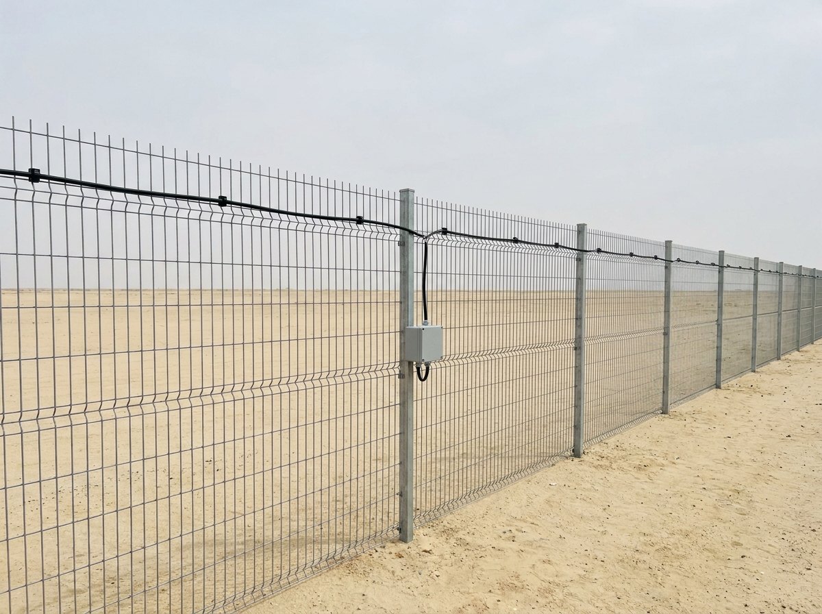 A single straight run of galvanised steel mesh security fence with one thin plain black cable clipped along its top and a small plain grey junction enclosure fixed to a fence post, on dry level ground, and no people