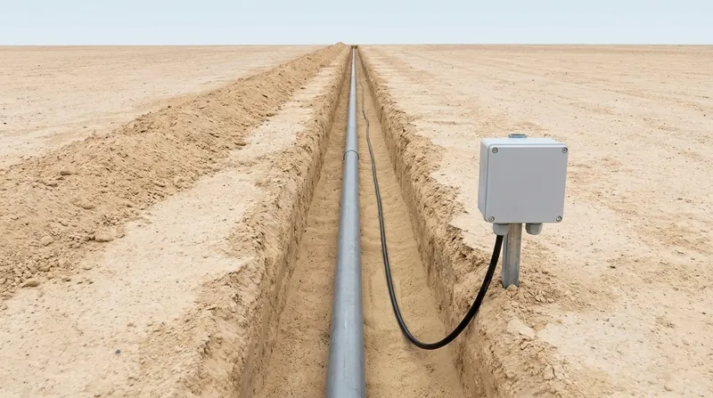 A straight open pipeline trench running away across flat dry ground, with one plain grey steel pipe in the bottom, one thin plain black cable laid in sand beside it, and a small plain grey junction enclosure on a short post at the edge of the trench, and no people