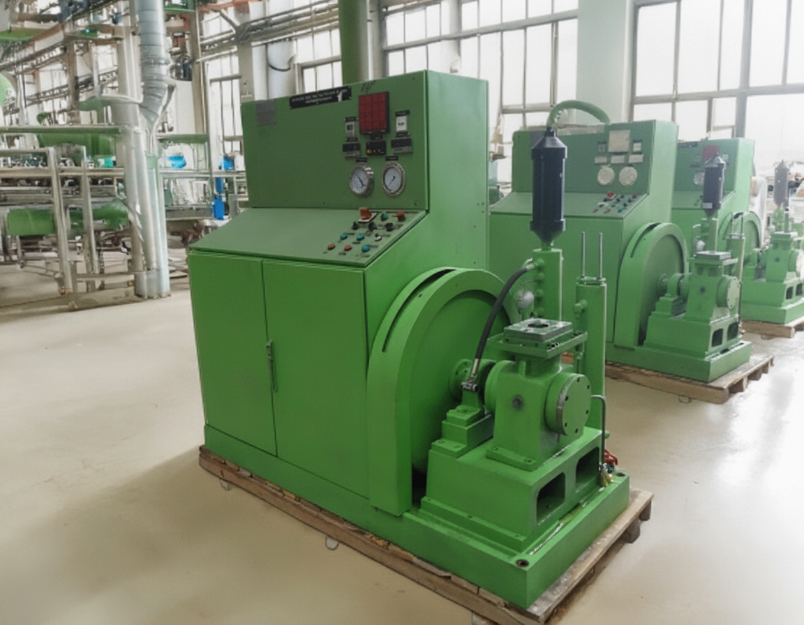 Computerized Diesel Fuel Injection Pump Test Rig production units — green cambox and control-panel assemblies staged on pallets in the Neometrix workshop