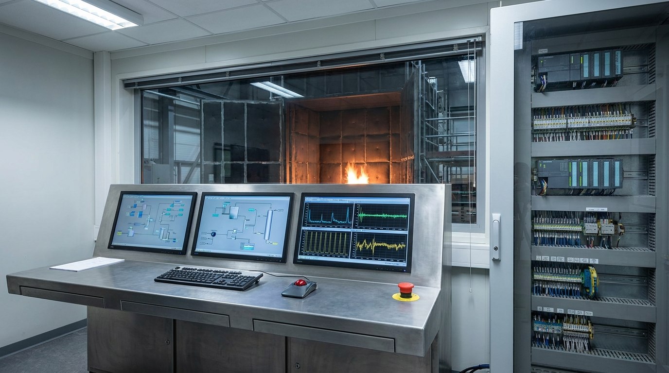 Illustrative render — a fire test facility control room: an operator console with monitors showing process schematics and live traces, a PLC control cabinet with modular cards and wiring, a red emergency-stop button, and a wide toughened-glass observation window looking into a large steel test hall with a fire burning inside